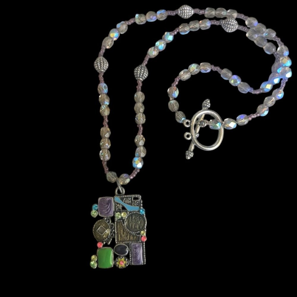 Micro Mosaic Y2K Enamel Steampunk‎ Glass Beaded Necklace Boho Wearable Art Metal